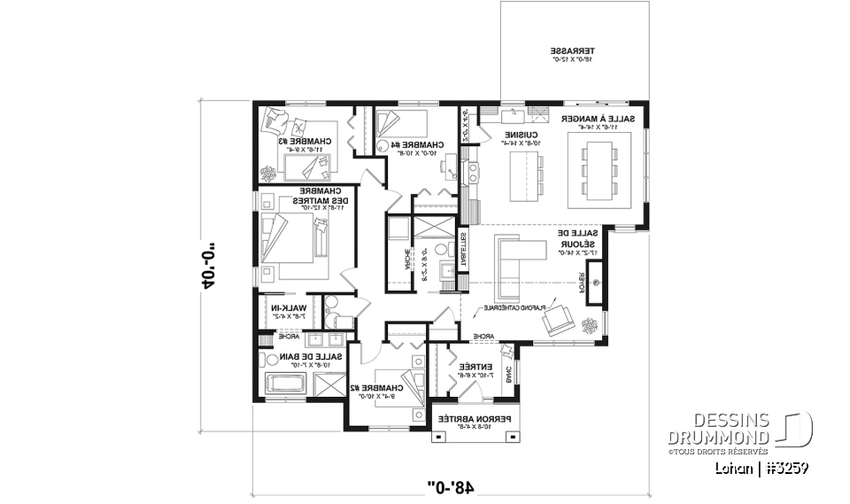 Rez-de-chaussée - Fondation dalle - Plan de maison plain-pied 4 chambres, 2 salles de bain, garde-manger et suite privée pour les parents - Lohan