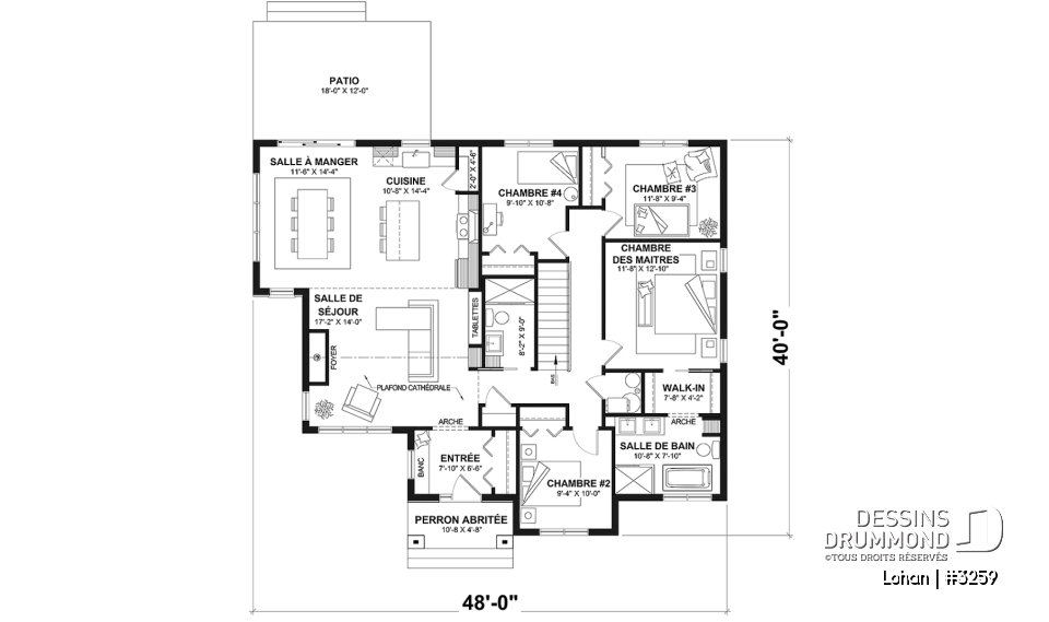 Rez-de-chaussée - Fondation sous-sol (Optionel $) - Plan de maison plain-pied 4 chambres, 2 salles de bain, garde-manger et suite privée pour les parents - Lohan