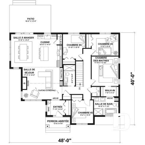 Rez-de-chaussée - Fondation sous-sol (Optionel $) - Plan de maison plain-pied 4 chambres, 2 salles de bain, garde-manger et suite privée pour les parents - Lohan