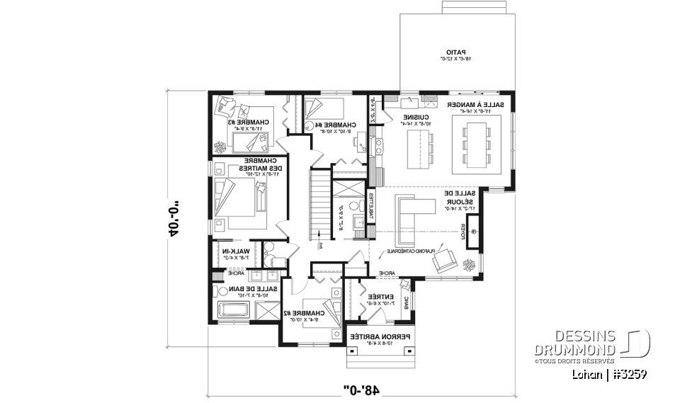 Rez-de-chaussée - Fondation sous-sol (Optionel $) - Plan de maison plain-pied 4 chambres, 2 salles de bain, garde-manger et suite privée pour les parents - Lohan
