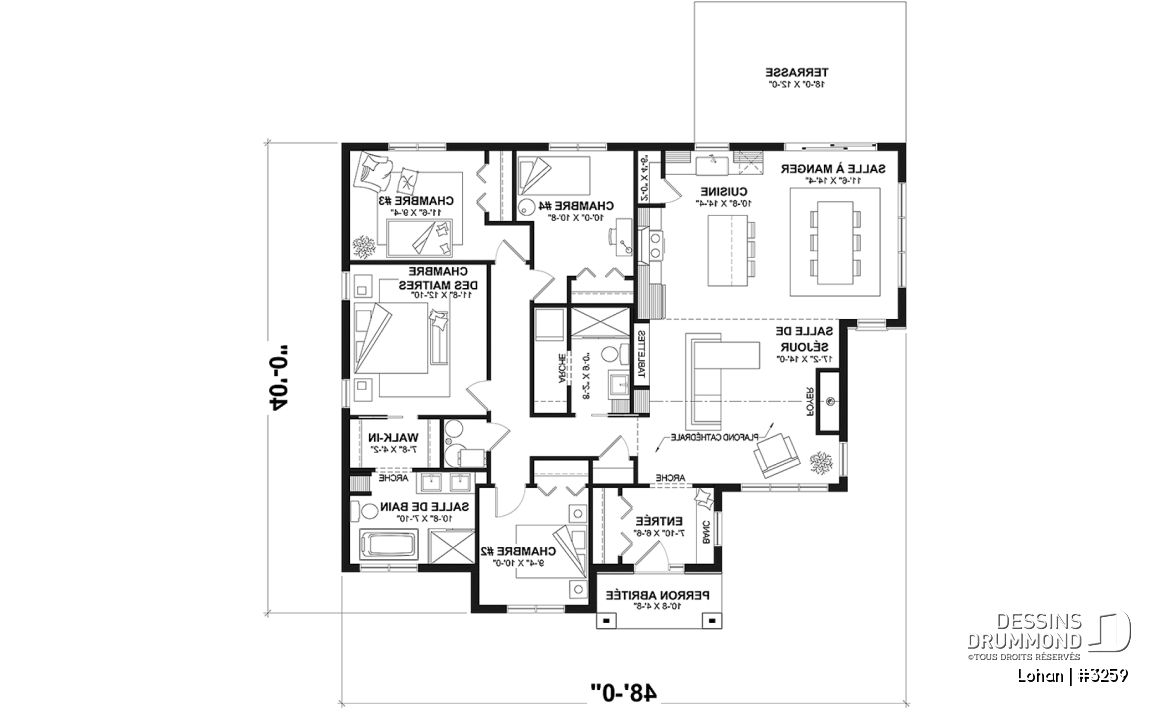 Rez-de-chaussée - Plan de maison plain-pied 4 chambres, 2 salles de bain, garde-manger et suite privée pour les parents - Lohan