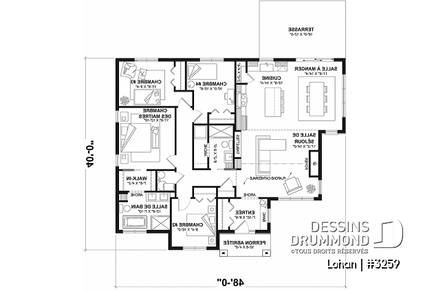 Rez-de-chaussée - Plan de maison plain-pied 4 chambres, 2 salles de bain, garde-manger et suite privée pour les parents - Lohan