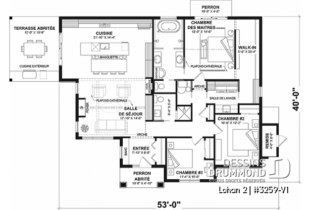 Rez-de-chaussée - Modèle de plain-pied spacieux, dalle flottante, 3 chambres, 2 s. bain, grand îlot à la cuisine avec banquette - Lohan 2