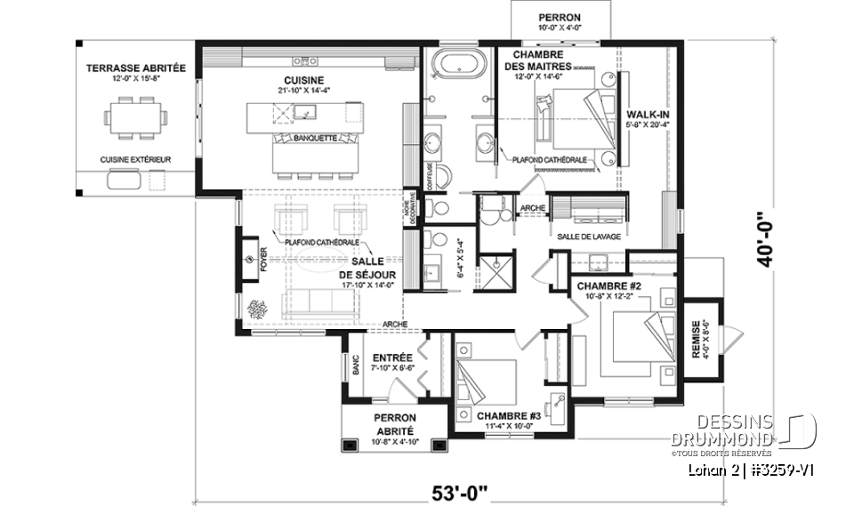 Rez-de-chaussée - Modèle de plain-pied spacieux, dalle flottante, 3 chambres, 2 s. bain, grand îlot à la cuisine avec banquette - Lohan 2