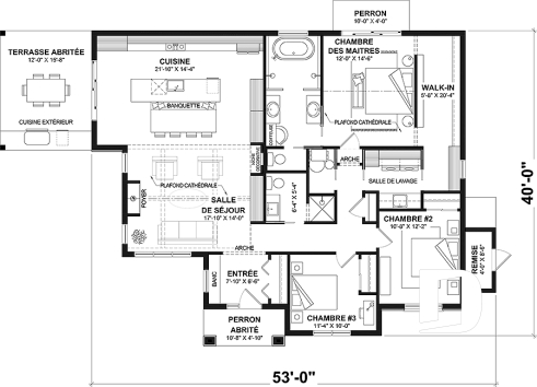 Rez-de-chaussée - Fondation dalle - Modèle de plain-pied spacieux, dalle flottante, 3 chambres, 2 s. bain, grand îlot à la cuisine avec banquette - Lohan 2