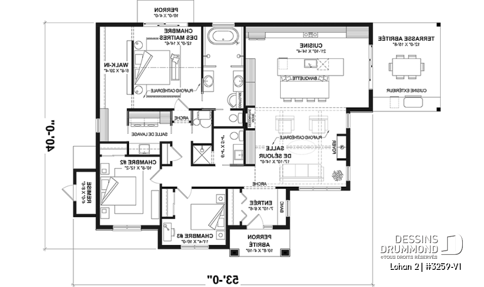 Rez-de-chaussée - Fondation dalle - Modèle de plain-pied spacieux, dalle flottante, 3 chambres, 2 s. bain, grand îlot à la cuisine avec banquette - Lohan 2