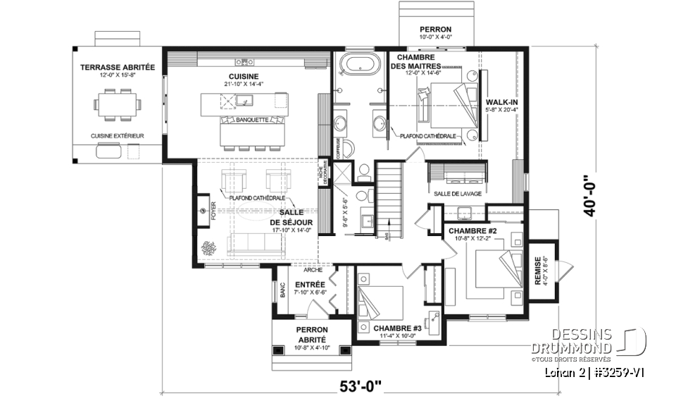 Rez-de-chaussée - Fondation sous-sol (Optionel $) - Modèle de plain-pied spacieux, dalle flottante, 3 chambres, 2 s. bain, grand îlot à la cuisine avec banquette - Lohan 2