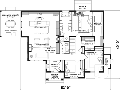 Rez-de-chaussée - Fondation sous-sol (Optionel $) - Modèle de plain-pied spacieux, dalle flottante, 3 chambres, 2 s. bain, grand îlot à la cuisine avec banquette - Lohan 2