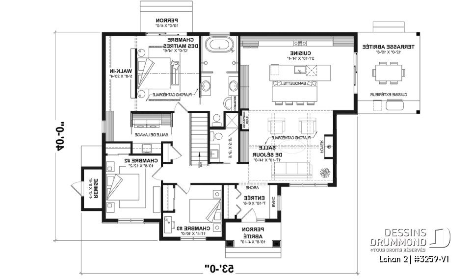 Rez-de-chaussée - Fondation sous-sol (Optionel $) - Modèle de plain-pied spacieux, dalle flottante, 3 chambres, 2 s. bain, grand îlot à la cuisine avec banquette - Lohan 2