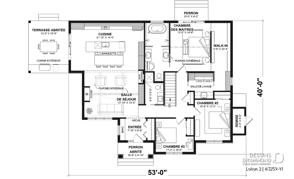 Rez-de-chaussée (Optionel $) - Modèle de plain-pied spacieux, dalle flottante, 3 chambres, 2 s. bain, grand îlot à la cuisine avec banquette - Lohan 2