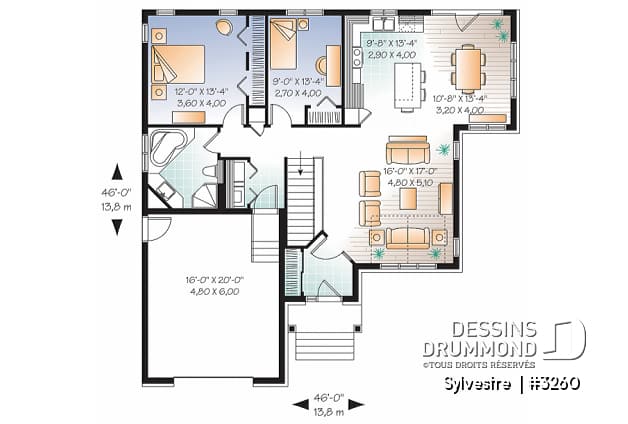 Rez-de-chaussée - Plan de maison plain pied 2 chambres, avec garage, salle en manger solarium, sous-sol aménageable - Sylvestre 