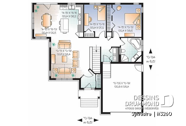 Rez-de-chaussée - Plan de maison plain pied 2 chambres, avec garage, salle en manger solarium, sous-sol aménageable - Sylvestre 