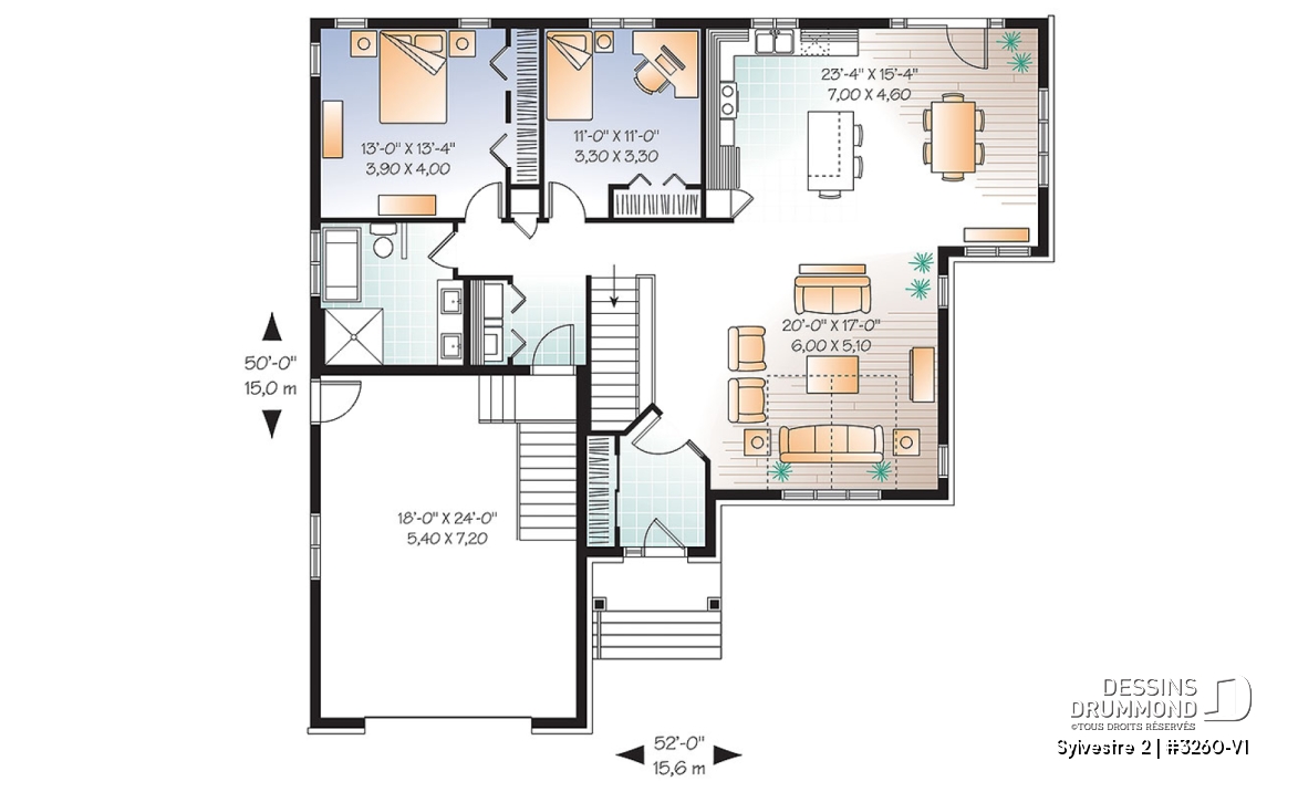 Rez-de-chaussée - Plan de plain-pied maison style Cap Cod, 2 chambres, garage, salle familiale ouverte, coin buanderie au rdc. - Sylvestre 2