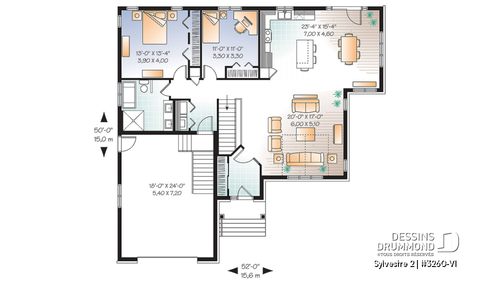 Rez-de-chaussée - Plan de plain-pied maison style Cap Cod, 2 chambres, garage, salle familiale ouverte, coin buanderie au rdc. - Sylvestre 2