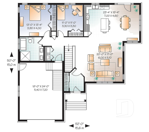 Rez-de-chaussée - Plan de plain-pied maison style Cap Cod, 2 chambres, garage, salle familiale ouverte, coin buanderie au rdc. - Sylvestre 2