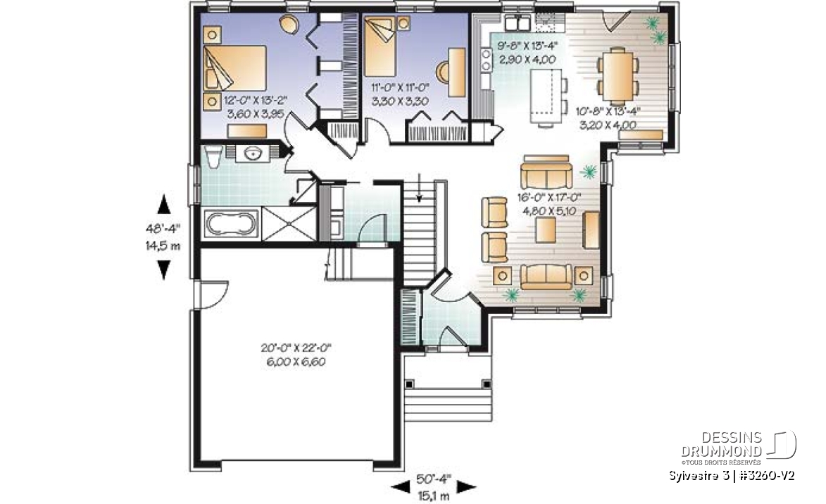 Rez-de-chaussée - Plan de maison de plain-pied, 2 chambres, garage double avec espace boni, belle fenestration - Sylvestre 3