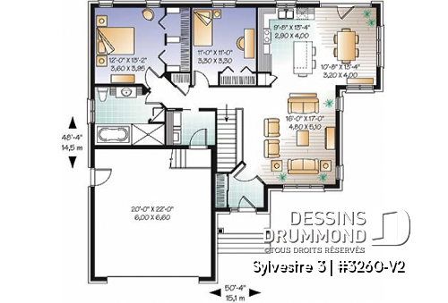 Rez-de-chaussée - Plan de maison de plain-pied, 2 chambres, garage double avec espace boni, belle fenestration - Sylvestre 3