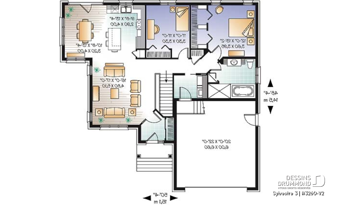 Rez-de-chaussée - Plan de maison de plain-pied, 2 chambres, garage double avec espace boni, belle fenestration - Sylvestre 3