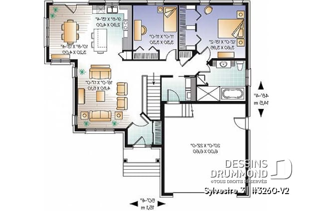 Rez-de-chaussée - Plan de maison de plain-pied, 2 chambres, garage double avec espace boni, belle fenestration - Sylvestre 3