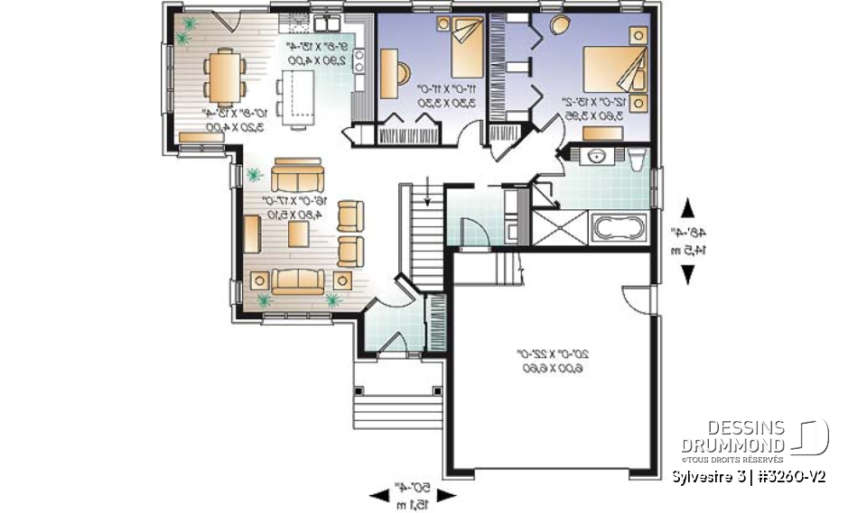 Rez-de-chaussée - Plan de maison de plain-pied, 2 chambres, garage double avec espace boni, belle fenestration - Sylvestre 3