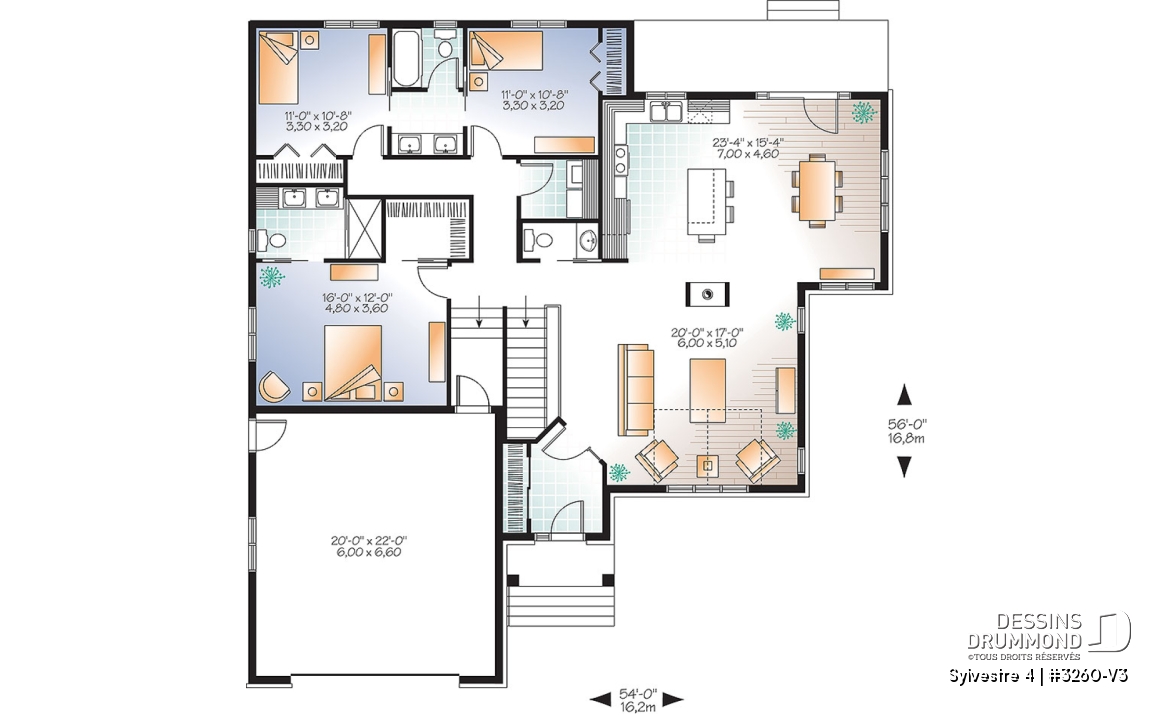 Rez-de-chaussée - Plan de maison plain-pied 3 chambres, grande suite des maîtres, 2.5 salles de bain, garage double, foyer,  - Sylvestre 4