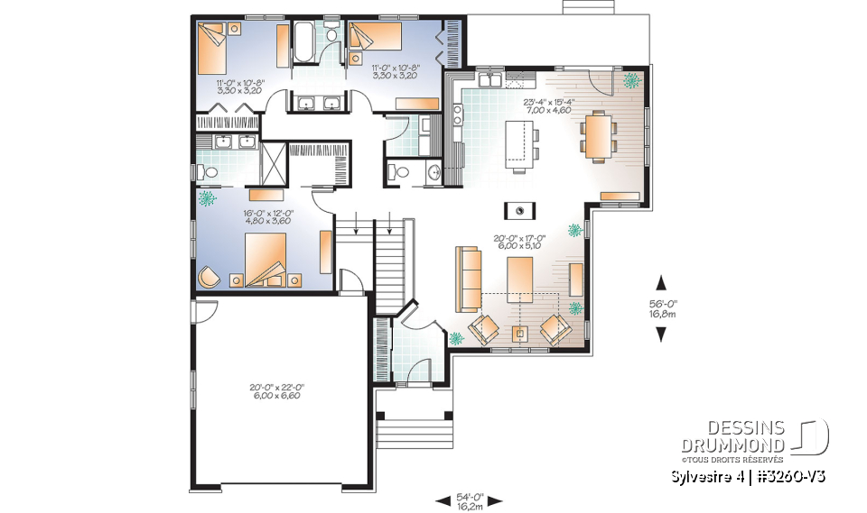 Rez-de-chaussée - Plan de maison plain-pied 3 chambres, grande suite des maîtres, 2.5 salles de bain, garage double, foyer,  - Sylvestre 4