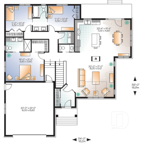 Rez-de-chaussée - Plan de maison plain-pied 3 chambres, grande suite des maîtres, 2.5 salles de bain, garage double, foyer,  - Sylvestre 4