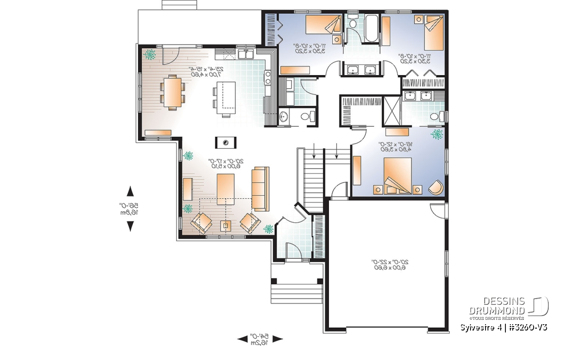 Rez-de-chaussée - Plan de maison plain-pied 3 chambres, grande suite des maîtres, 2.5 salles de bain, garage double, foyer,  - Sylvestre 4