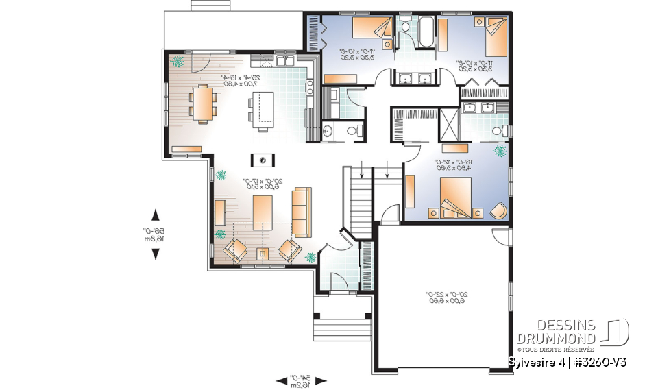 Rez-de-chaussée - Plan de maison plain-pied 3 chambres, grande suite des maîtres, 2.5 salles de bain, garage double, foyer,  - Sylvestre 4