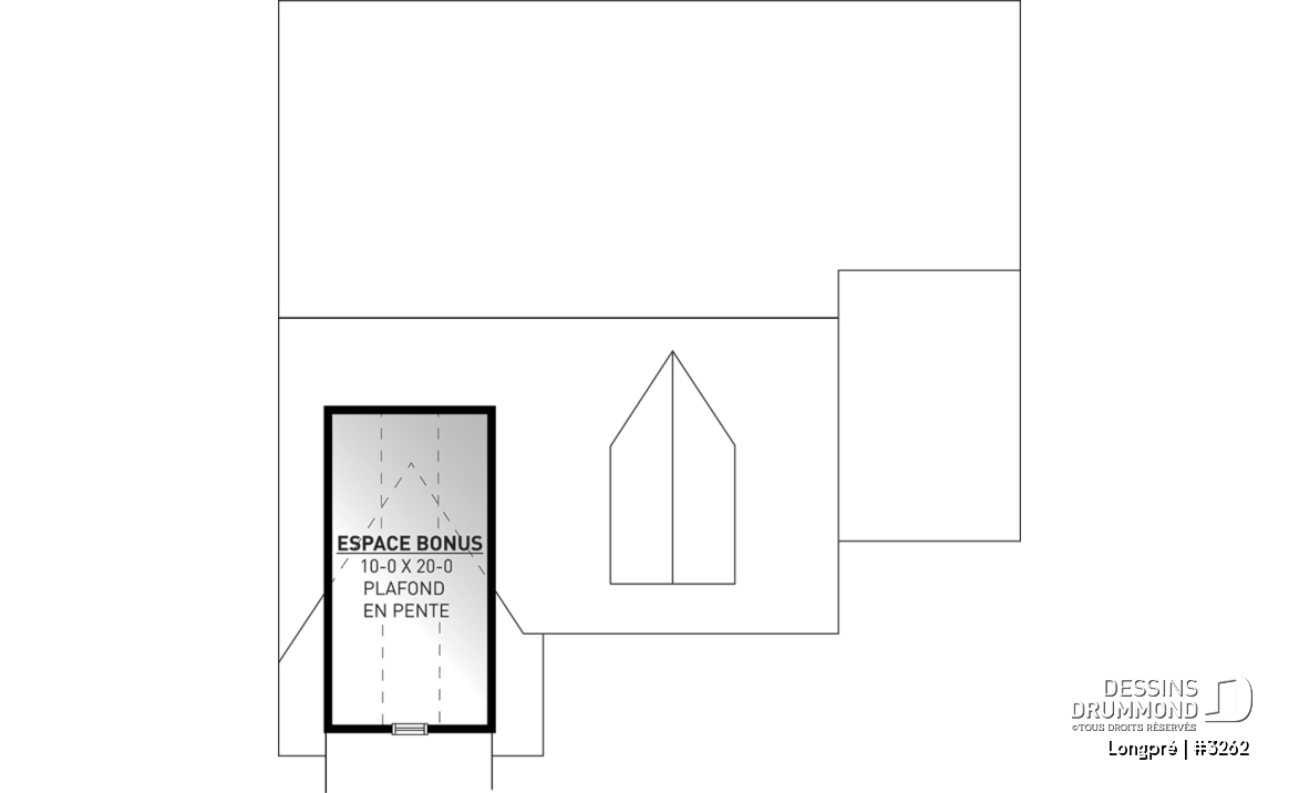 Rangement boni - Plan de maison canadienne, 2 chambres, garage, grande salle de bain, plafond cathédrale, belle galerie - Longpré