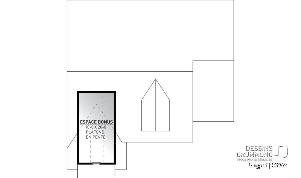 Rangement boni - Plan de maison canadienne, 2 chambres, garage, grande salle de bain, plafond cathédrale, belle galerie - Longpré