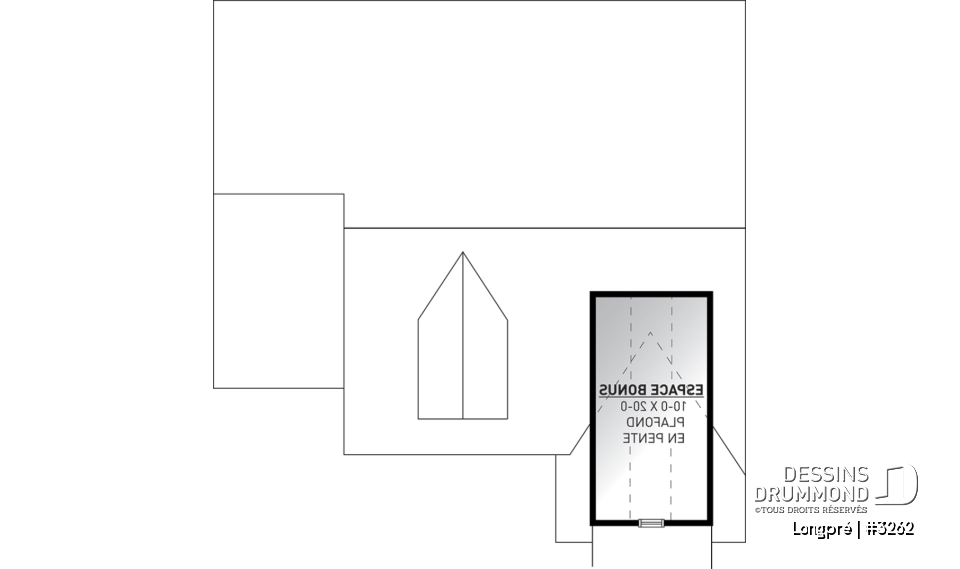 Rangement boni - Plan de maison canadienne, 2 chambres, garage, grande salle de bain, plafond cathédrale, belle galerie - Longpré