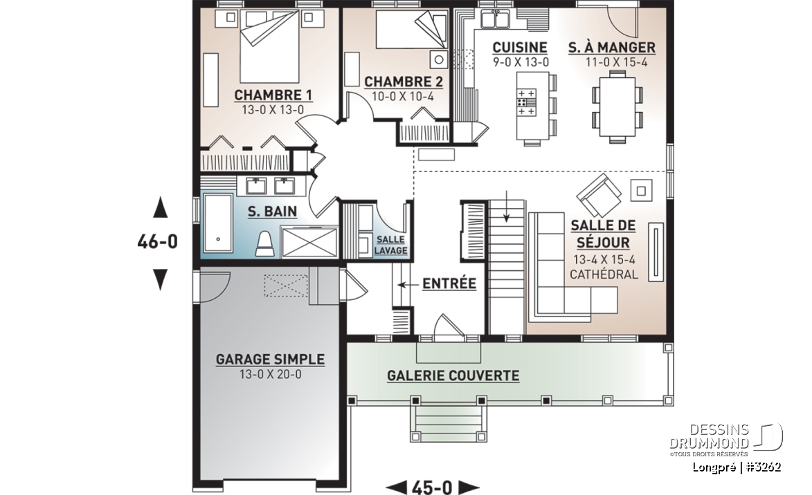 Rez-de-chaussée - Plan de maison canadienne, 2 chambres, garage, grande salle de bain, plafond cathédrale, belle galerie - Longpré