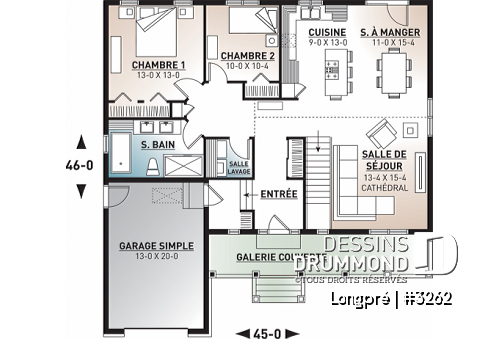 Rez-de-chaussée - Plan de maison canadienne, 2 chambres, garage, grande salle de bain, plafond cathédrale, belle galerie - Longpré