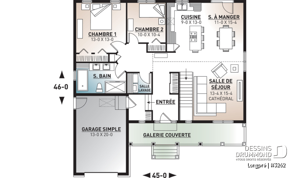 Rez-de-chaussée - Plan de maison canadienne, 2 chambres, garage, grande salle de bain, plafond cathédrale, belle galerie - Longpré