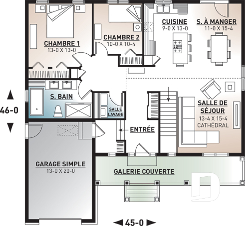 Rez-de-chaussée - Plan de maison canadienne, 2 chambres, garage, grande salle de bain, plafond cathédrale, belle galerie - Longpré
