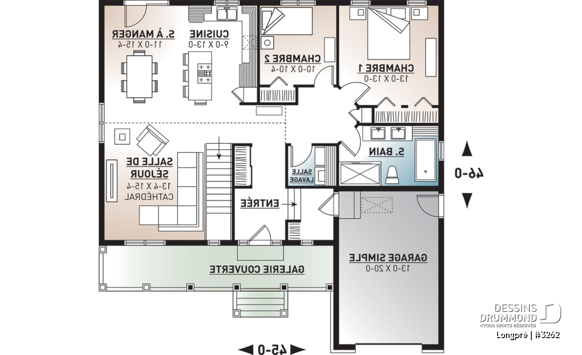 Rez-de-chaussée - Plan de maison canadienne, 2 chambres, garage, grande salle de bain, plafond cathédrale, belle galerie - Longpré