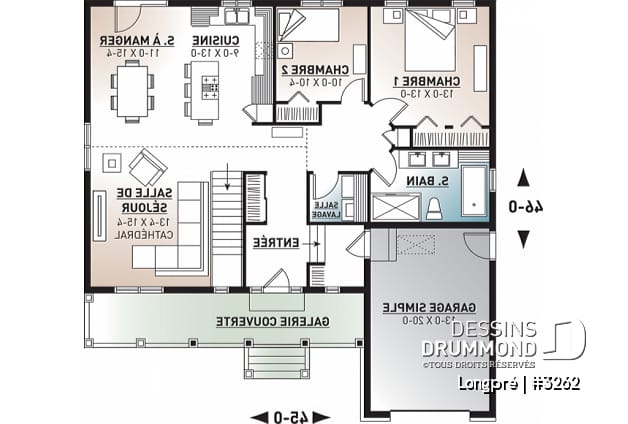 Rez-de-chaussée - Plan de maison canadienne, 2 chambres, garage, grande salle de bain, plafond cathédrale, belle galerie - Longpré
