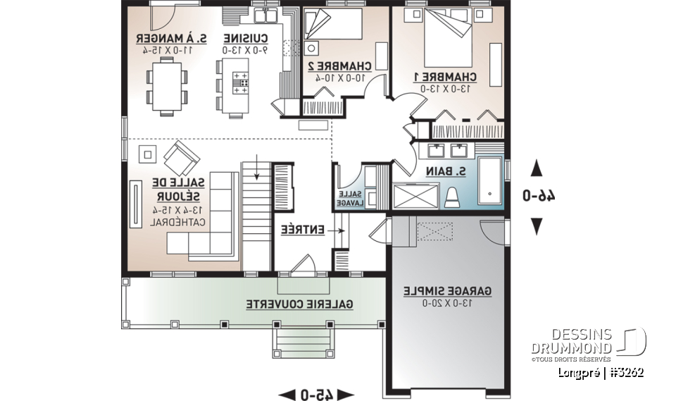Rez-de-chaussée - Plan de maison canadienne, 2 chambres, garage, grande salle de bain, plafond cathédrale, belle galerie - Longpré