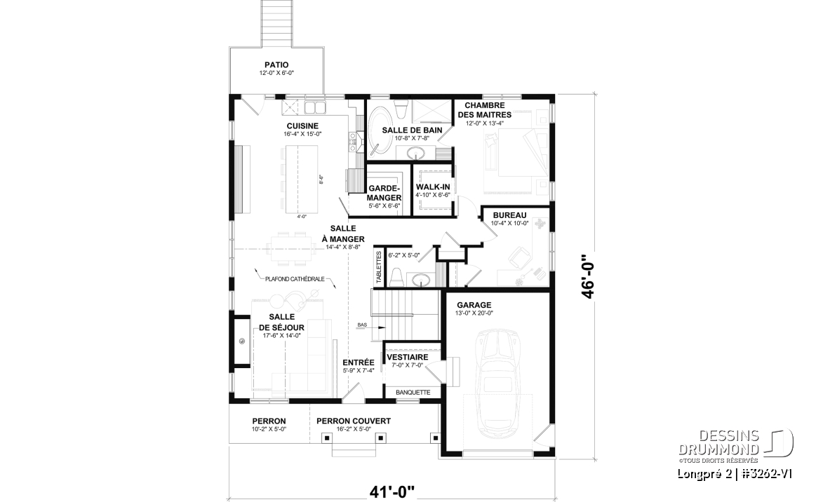 Rez-de-chaussée - Plan de maison Farmhouse plain-pied moderne avec garage, foyer et sous-sol optionnel - Longpré 2