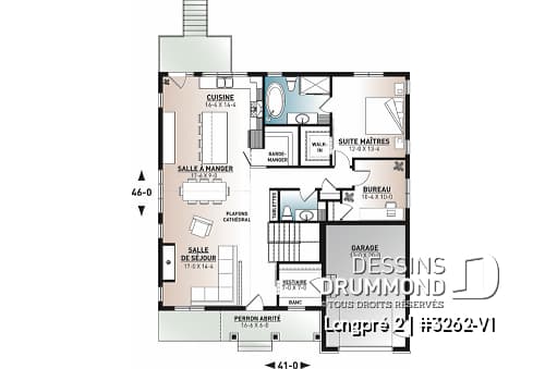 Rez-de-chaussée - Plan de maison Farmhouse Moderne plain-pied, 2 à 4 chambres, garage, aire ouverte, garde-manger, vestiaire - Longpré 2