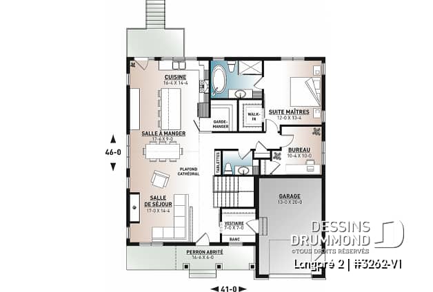 Rez-de-chaussée - Plan de maison Farmhouse Moderne plain-pied, 2 à 4 chambres, garage, aire ouverte, garde-manger, vestiaire - Longpré 2
