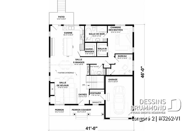 Rez-de-chaussée du plan de maison unifamiliale 3262-V1 Rez-de-chaussée - Plan de maison Farmhouse plain-pied moderne avec garage, foyer et sous-sol optionnel - Longpré 2