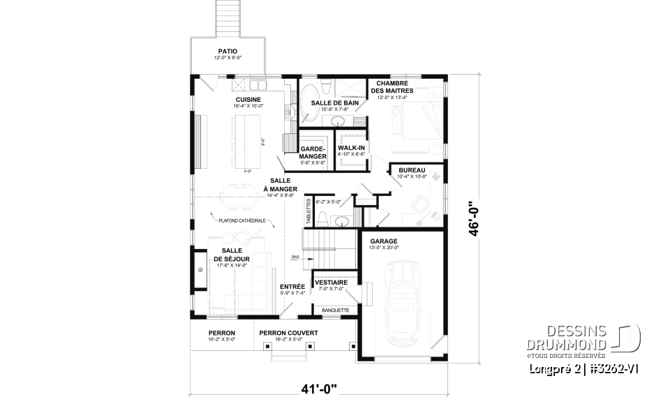Rez-de-chaussée - Plan de maison Farmhouse plain-pied moderne avec garage, foyer et sous-sol optionnel - Longpré 2