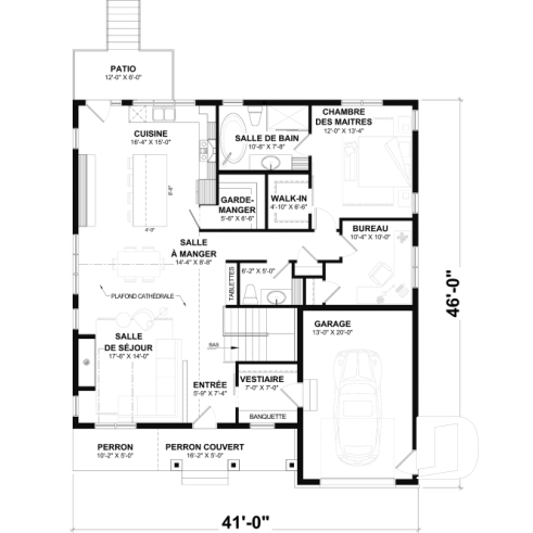 Rez-de-chaussée - Plan de maison Farmhouse plain-pied moderne avec garage, foyer et sous-sol optionnel - Longpré 2