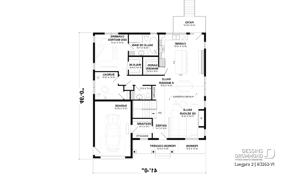 Rez-de-chaussée - Plan de maison Farmhouse plain-pied moderne avec garage, foyer et sous-sol optionnel - Longpré 2