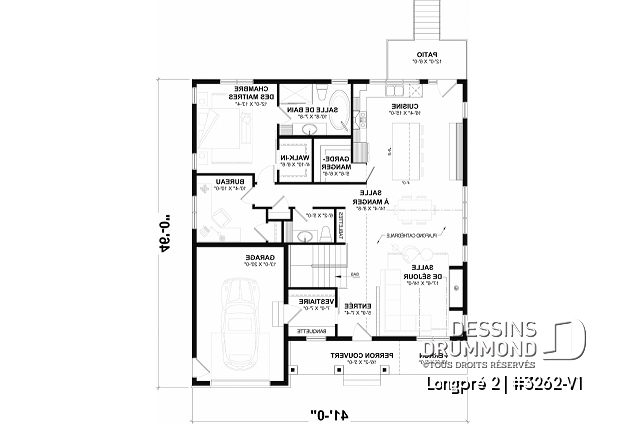 Rez-de-chaussée du plan de maison unifamiliale 3262-V1 Rez-de-chaussée - Plan de maison Farmhouse plain-pied moderne avec garage, foyer et sous-sol optionnel - Longpré 2