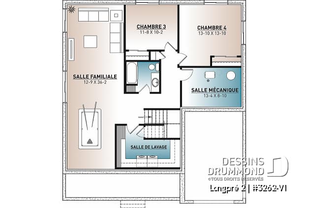Sous-sol - Plan de maison Farmhouse Moderne plain-pied, 2 à 4 chambres, garage, aire ouverte, garde-manger, vestiaire - Longpré 2