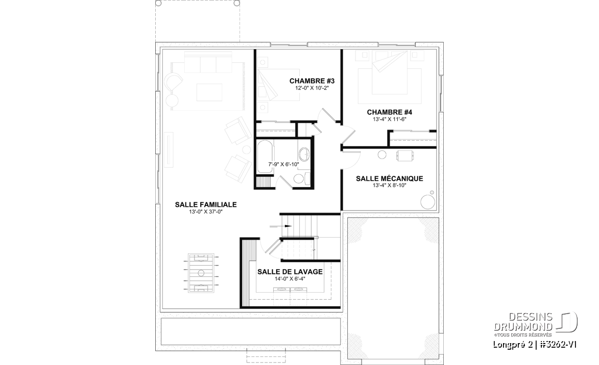 Sous-sol aménagé (Optionel $) - Plan de maison Farmhouse plain-pied moderne avec garage, foyer et sous-sol optionnel - Longpré 2