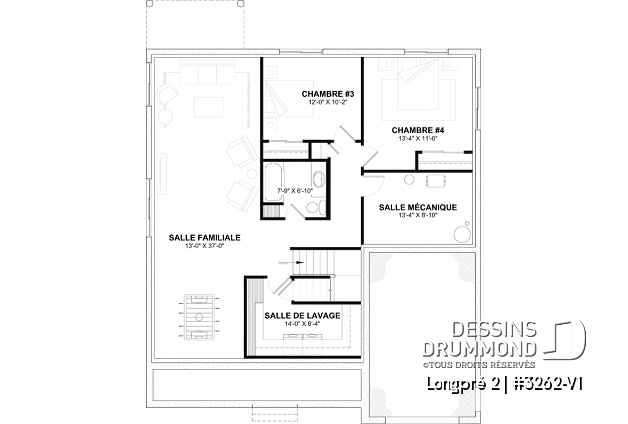 Sous-sol aménagé (Optionel $) du plan de maison unifamiliale 3262-V1 Sous-sol aménagé (Optionel $) - Plan de maison Farmhouse plain-pied moderne avec garage, foyer et sous-sol optionnel - Longpré 2